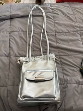Metallic Silver Drawstring Shoulder Bag